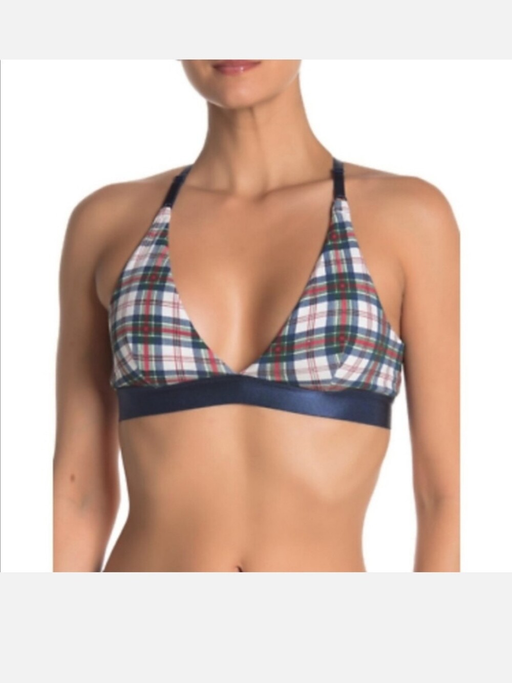 NWT Navy Blue Plaid Bralette Triangle Wireless Racerback Bra XL